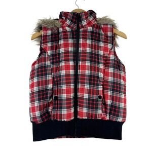 Max Rave Women Plaid Puffer Vest Fur Hood Quilted Zip Front XL Y2K